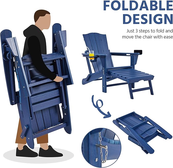 Yaheetech Adirondack Chair with Retractable Ottoman, All Weather Patio Folding Fire Pit Chair with Cup Holder and Phone Holder for Outdoor Poolside, Navy Blue