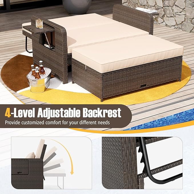 LDAILY Moccha Outdoor Daybed, Wicker Loveseat Sofa Set with 4-Postion Adjustable Backrest, Storage Ottoman, Cushions - Photo 5