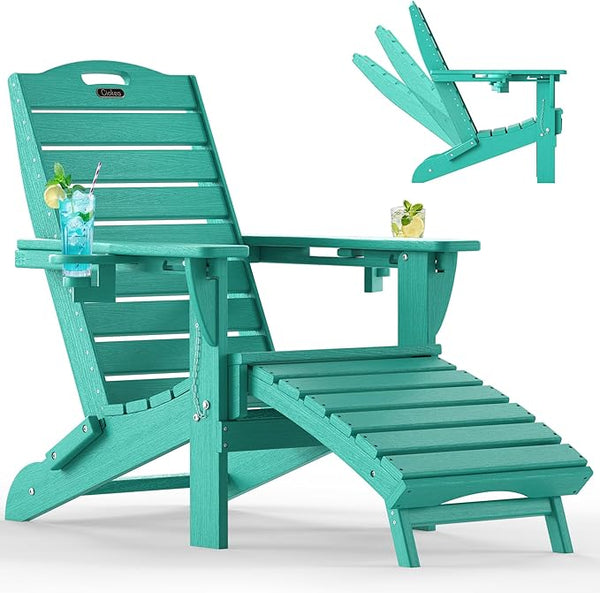 Ciokea Folding Adirondack Chair with Retractable Ottoman Fire Pit Patio Chair with Pull Out Foot Rest Weather Resistant - Photo 1