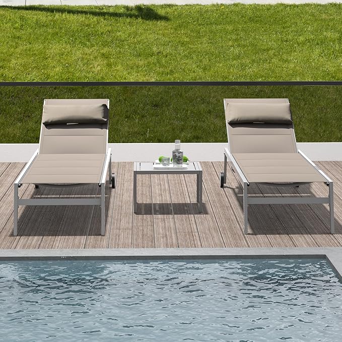 Domi Patio Chaise Lounge Set of 2 with Side Table, Adjustable Full Aluminum Pool Lounge Chairs with Wheels - Photo 7