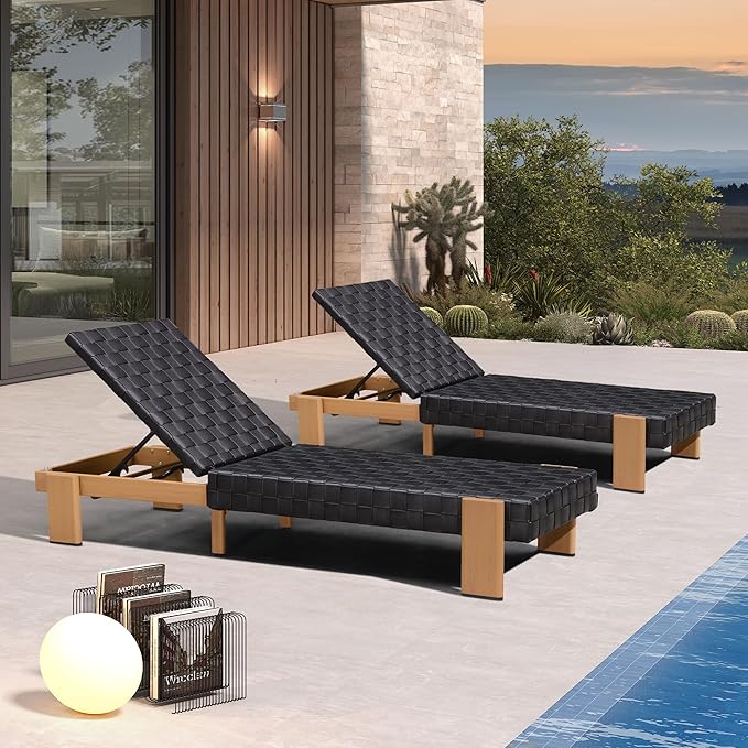 PURPLE LEAF Patio Lounge Chair Modern Luxury Outdoor Chaise Lounge 2 Pieces with Adjustable Backrest PU Leather Style Chaise Lounge Chairs for Pool Garden Backyard Beach, Black