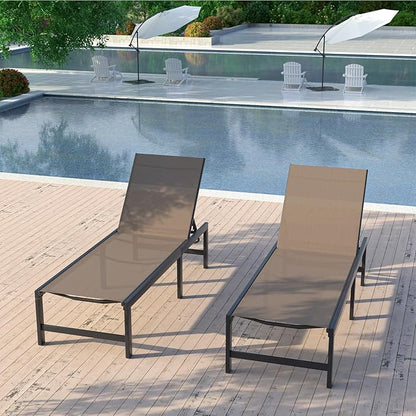 UDPATIO Outdoor Chaise Chairs & Table 3 Pieces Pool Lounge Chair, Poolside Sunloungers Lay Flat Sunbathing Chaise with Adjustable Backrest for Patio, Beach, Yard, Pool