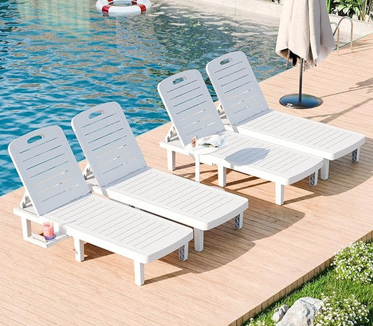 WACASA Outdoor Chaise Lounge Chairs Set of 4, Oversized Resin Lounge Chairs with 5-Level Adjustable Backrest & Cup Holder, Waterproof Pool Lounge Chair for Poolside, Patio, Beach, Yard, White