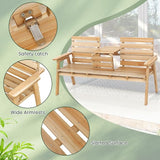 Tangkula Outdoor Fir Wood Bench with Foldable Middle Table, 2-3 Person Garden Bench with Backrest and Armrests - Photo 8