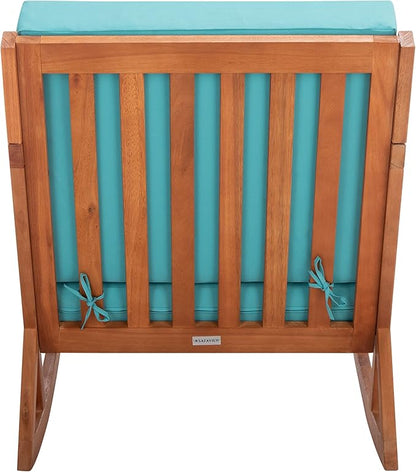Safavieh Outdoor Collection Vernon Wood Blue Cushion Rocking Chair PAT7013Q, Natural/Aqua