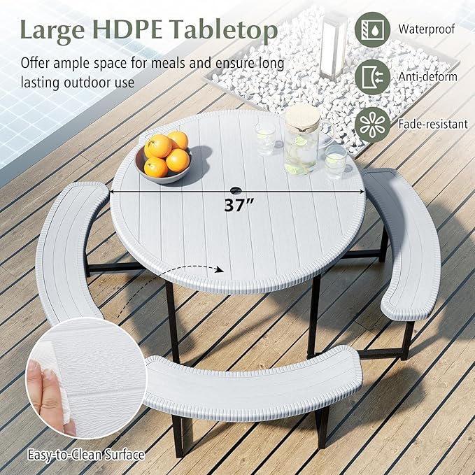 Giantex Picnic Table Bench Set for 4-8 Person, Round 37” Outdoor Dining Table w/Umbrella Hole, HDPE Tabletop - Photo 7
