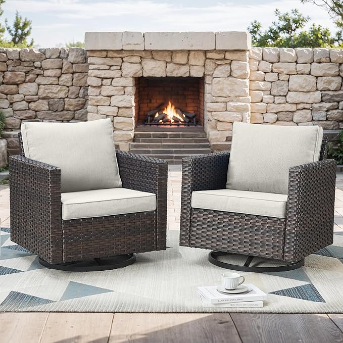 Outdoor Patio Swivel Rocker Chairs - Wicker Patio Swivel Rocking Chairs Set of 2 with Waterproof Wicker,Comfortable Cushions and Sturdy Metal Frame for Outside Porch Deck Backyard(Brown/Beige)