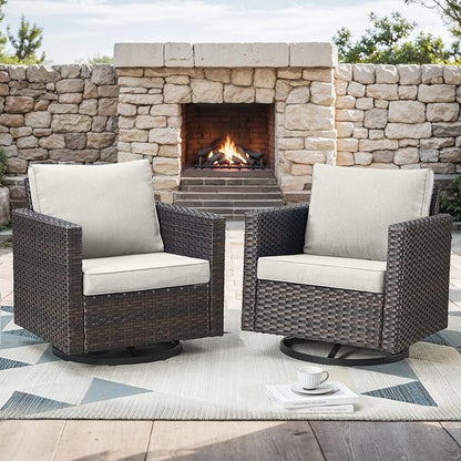 Outdoor Patio Swivel Rocker Chairs - Wicker Patio Swivel Rocking Chairs Set of 2 with Waterproof Wicker,Comfortable Cushions and Sturdy Metal Frame for Outside Porch Deck Backyard(Brown/Beige)