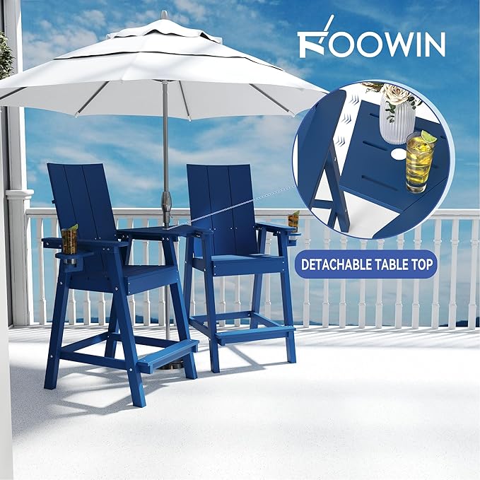 FOOWIN Tall Adirondack Chairs Set of 2,HDPE Adirondack Bar Stools with Connecting Tray & Cup Holders,Weather Resistant Balcony Chair for Outdoor Deck Lawn Pool Backyard Navy Blue