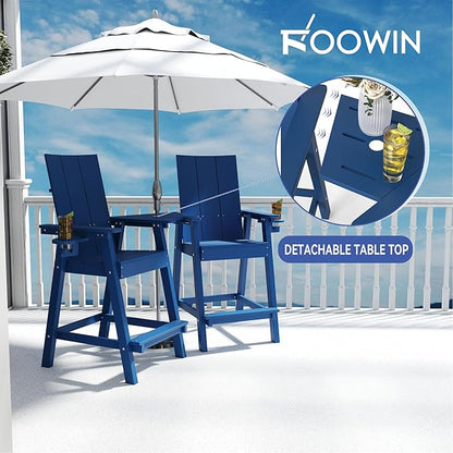 FOOWIN Tall Adirondack Chairs Set of 2,HDPE Adirondack Bar Stools with Connecting Tray & Cup Holders,Weather Resistant Balcony Chair for Outdoor Deck Lawn Pool Backyard Navy Blue