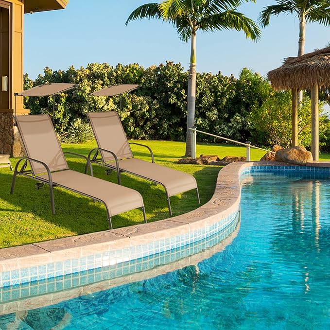 Giantex Patio Chaise Lounge Chair - Outdoor Beach Chair with Adjustable Canopy, Cupholder, 5-Level Backrest - Photo 2