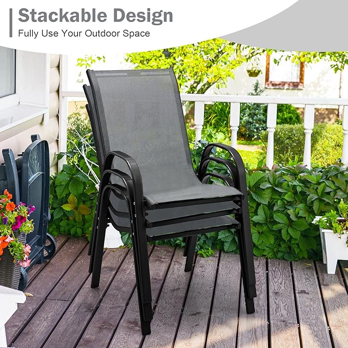 COSTWAY Patio Dining Chairs Set of 2, Stackable Outdoor Chairs with Armrest and High Back, Breathable Fabric & Metal Frame Chair for Garden Poolside Backyard Deck (Grey)