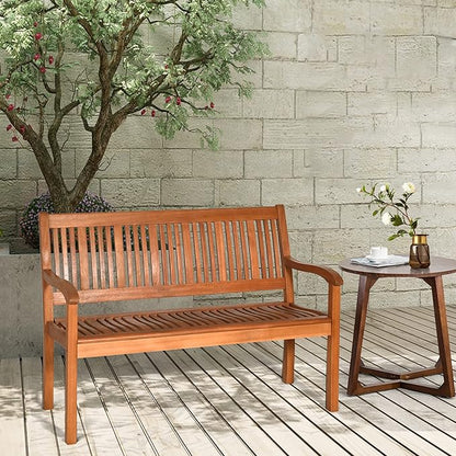 Outdoor Bench, Eucalyptus Wood Patio Bench, 4 Ft Outdoor Slatted Seating Loveseat with Armrest Backrest for Patio Pack Balcony Deck,(Nature Teak)