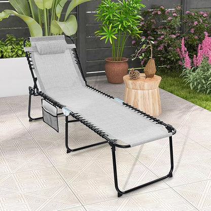 Goplus Chaise Lounge Chair Outdoor, Folding 5-Postion Beach Lounge Chair with Detachable Pillow, Side Pocket, Sunbathing Lounge Chair, Adjustable Tanning Chair for Patio Lawn Pool Yard