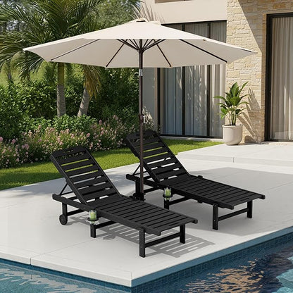 SERWALL Outdoor Chaise Lounge Set of 2 with 9FT Umbrella, HDPE Pool Lounge Chair with 5-Position Adjustable Backrest, Patio Lounger with Rolling Wheels & Cup Holder for Pool, Black