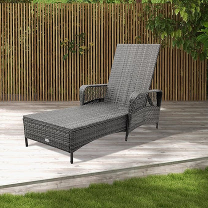 HAPPYGRILL Patio Rattan Chaise Lounge, Outdoor PE Wicker Sun Lounger with Adjustable Backrest, Cushion & Pillow, Reclining Sunbed for Balcony Poolside Yard (Mix Gray & Gray)