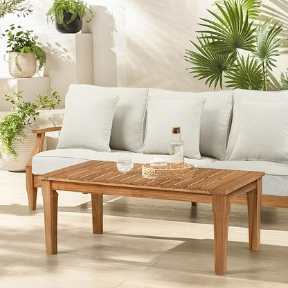 SAFAVIEH Couture Outdoor Patio Furniture Collection - Martinique Rectangular Coffee Table, Natural Teak Solid Wood Slatted Top (CPT1014D)