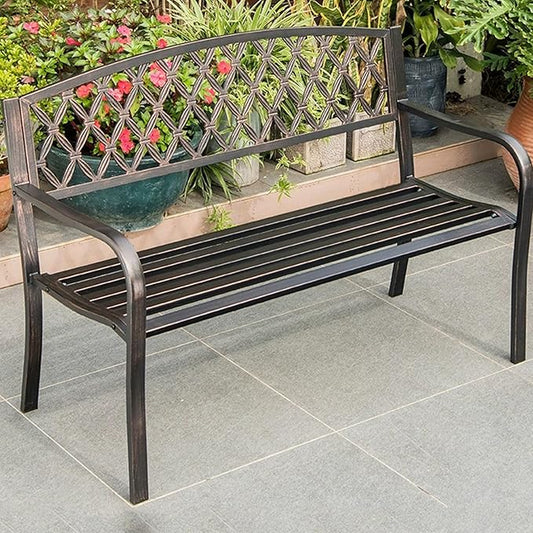 Porch Benches Outdoor, 2-3 Person Metal Garden Bench with Diamond Weaving Backrest, Load Bearing 880lbs, for Backyard Deck Lawn Poolside(Brown)