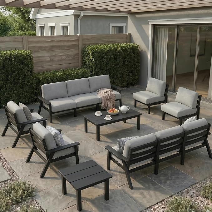 HDPE Patio Furniture Set 10 Seats, Outdoor Couch with Washable Thick Gray Cushions & Coffee Table & Side Table, Outdoor Sectional Furniture for Backyard, Deck, Lawn, Porch (Black Frame)