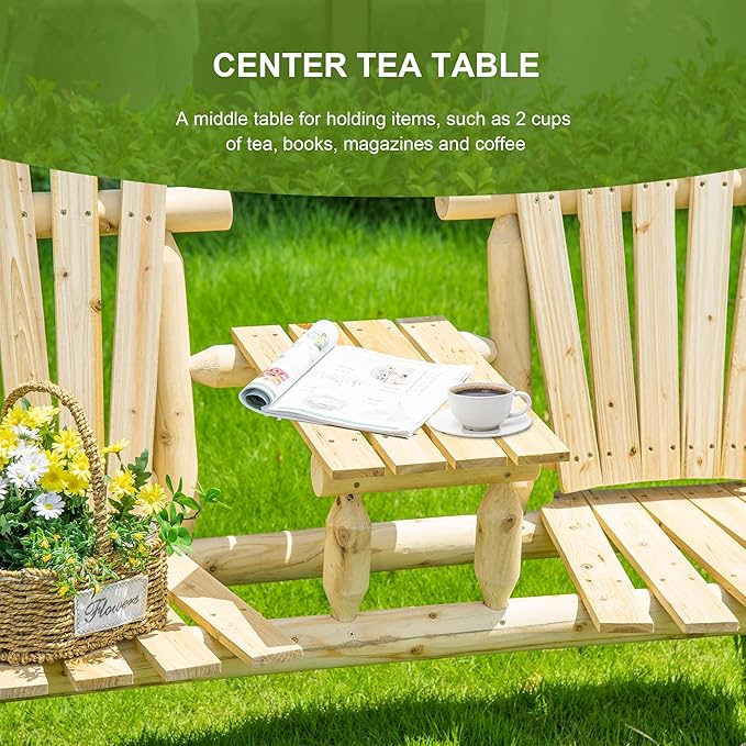 Outsunny 2-Seat Wooden Adirondack Chair, Patio Bench with Table, Outdoor Loveseat Fire Pit Chair for Porch, Backyard - Photo 6