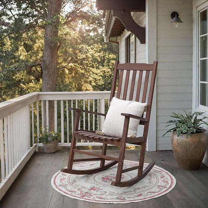 Greesum Outdoor Rocking Chair, Acacia High Back Oversized All-Weather Lounge Rocker with 320 lbs of Support for Patio, Garden, Deck, Porch,Brown