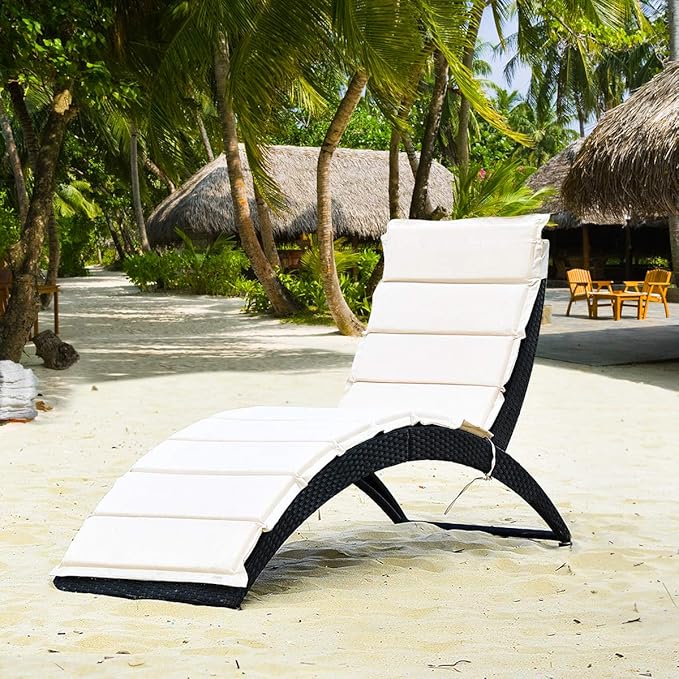 Tangkula Foldable Patio Lounge Chair, Outdoor Rattan Lounger Chaise, Portable Patio Chaise with Cushion, All-Weather Wicker Furniture for Garden Lawn Balcony Backyard Poolside (1, Beige)
