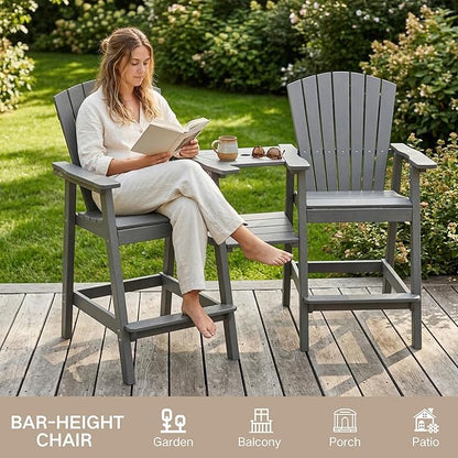Kingdura Upgraded Tall Adirondack Chairs Set of 2, Weather Resistant HDPE Bar Height Outdoor Stools with Removable Double Connecting Trays, Wooden Grain for Patio, Balcony, Deck (Grey)