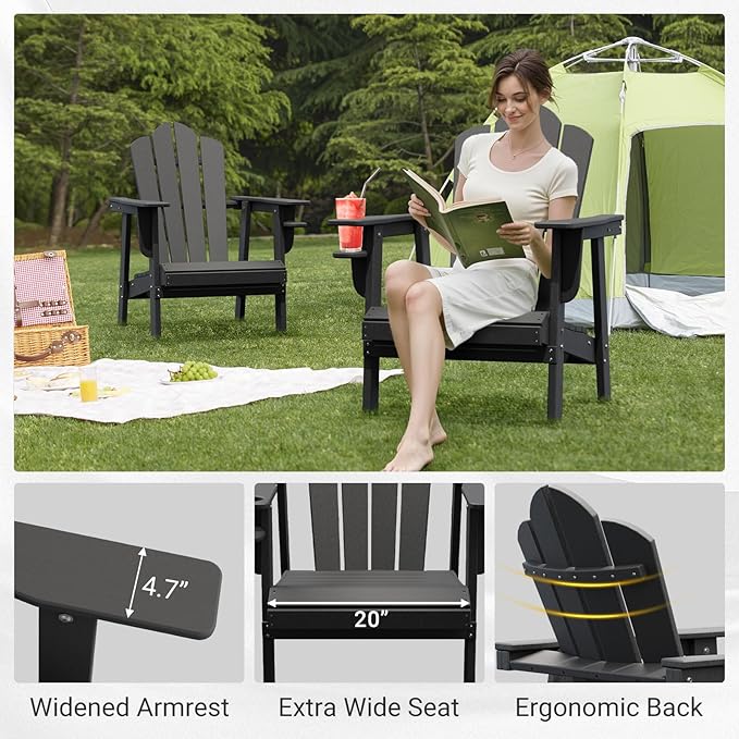 PROHIKER Adirondack Chair Set of 2, HDPE Outdoor Patio Chair with Cup Holder All Weather Outdoor Chairs for Lawn Garden Porch Backyard, Plastic, Gray