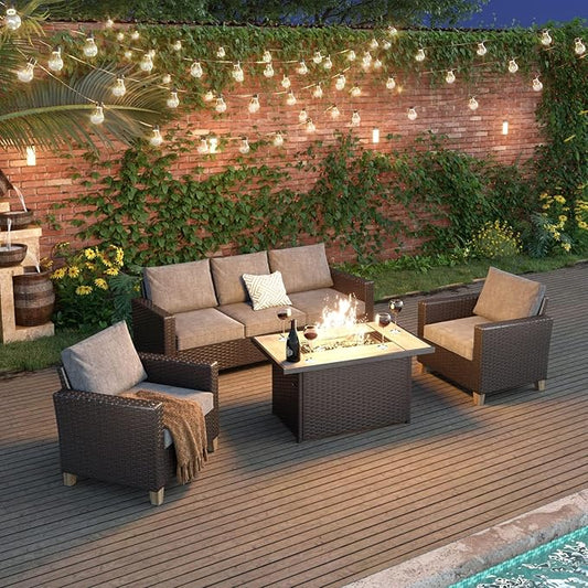 Grand patio Sofa Sets 6 Pieces Conversation Set with Fire Pit Table, Wicker Patio Furniture Sectional Sofa with Thick Cushions for Yard Garden Porch (Set for 5 Firetable, 6 PCS)