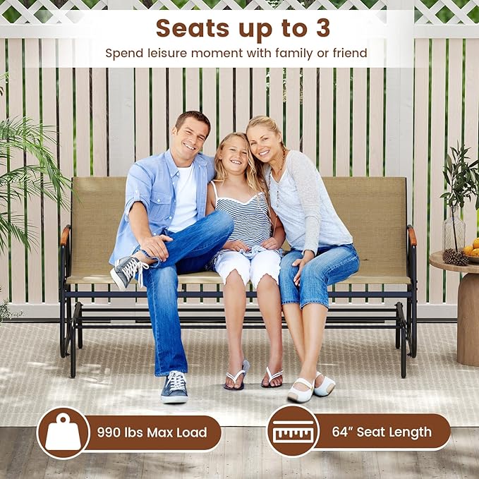LDAILY Outdoor Glider, 2/3-Person Gliding Bench with Heavy-Duty Metal Frame & Teak Wood Armrests - Photo 5