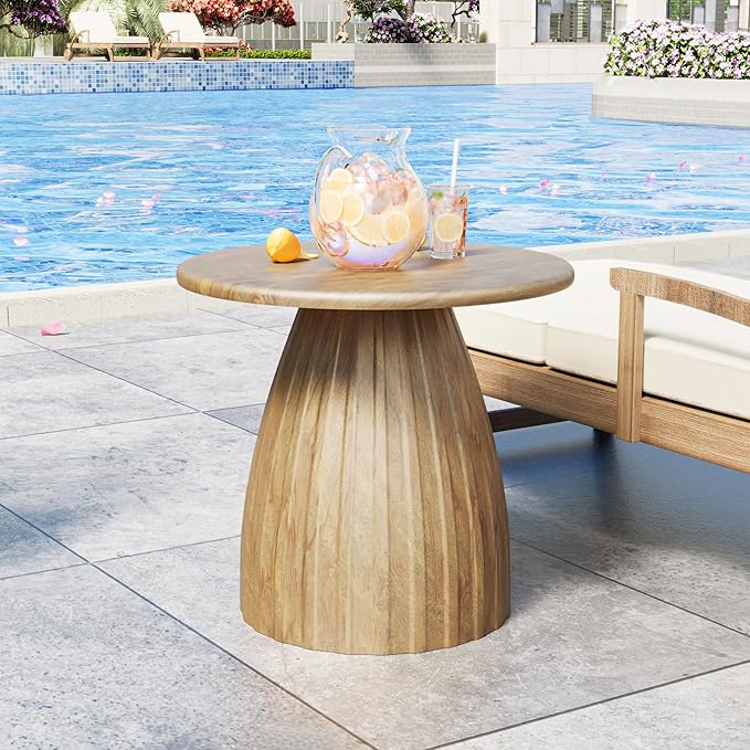 Metal Small Patio Table, Round Outdoor Side Table, Wood Color Outdoor Accent Patio End Table, for Garden, Pool, Deck, Balcony, Yard, Living Room, Weather Resistant, No Assembly