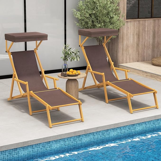 Giantex Lounge Chair Outdoor, Foldable Beach Chaise Lounge with Adjustable Canopy, Replacement Fabric, Wood Frame - Photo 2