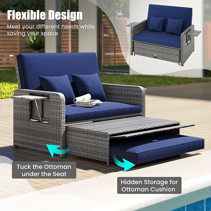 LDAILY Moccha Outdoor Daybed, Wicker Loveseat Sofa Set with 4-Postion Adjustable Backrest, Storage Ottoman, Cushions - Photo 5