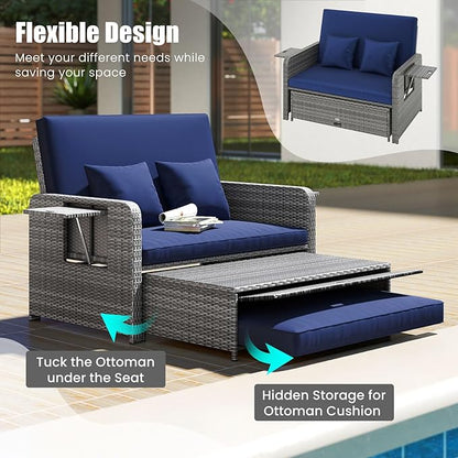 LDAILY Moccha Outdoor Daybed, Wicker Loveseat Sofa Set with 4-Postion Adjustable Backrest, Storage Ottoman, Cushions, Rattan Double Bed Lounger, Patio Furniture Set (Mixed Gray+Navy)