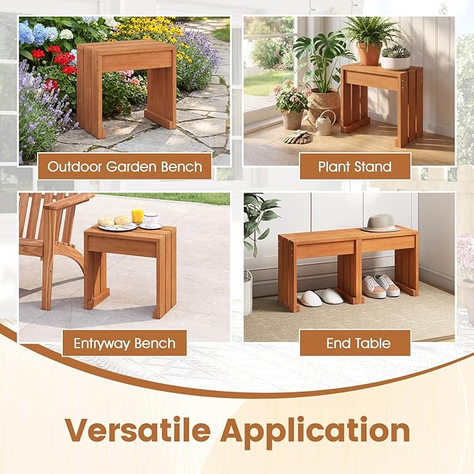 Tangkula Small Wood Outdoor Bench Set of 2, Patio Backless Bench with Solid Wooden Frame, Compact Side Table & Plant Stand with 242 LBS Weight Capacity, Bench for Backyard, Porch, Entryway, Garden