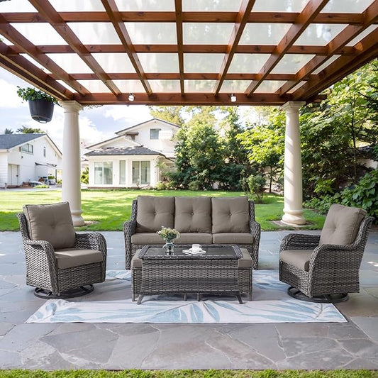 Belord Wicker Outdoor Furniture Patio Furniture Set - 6 Piece Patio Conversation Set with Swivel Rocker Chairs, Rattan Sofa, Ottomans and Coffee Table, Gray Cushion