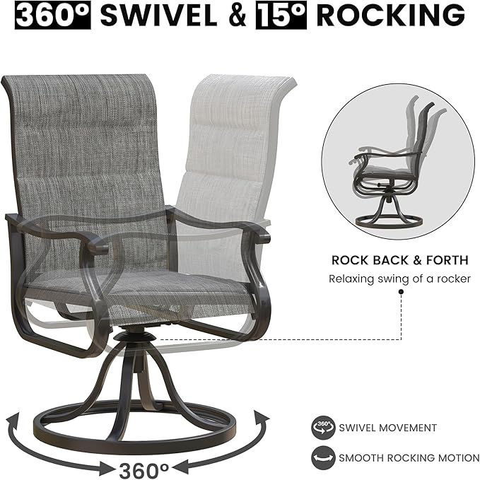 Patio Swivel Chairs Set of 6, Outdoor Dining Chairs with High Back, All-Weather Swivel Rocker Chair for Lawn, Porch or Garden (Padded Dark Grey)