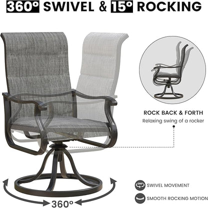 Patio Swivel Chairs Set of 2, Outdoor Dining Chairs with High Back, All-Weather Swivel Rocker Chair for Lawn, Porch or Garden (Padded Dark Grey)
