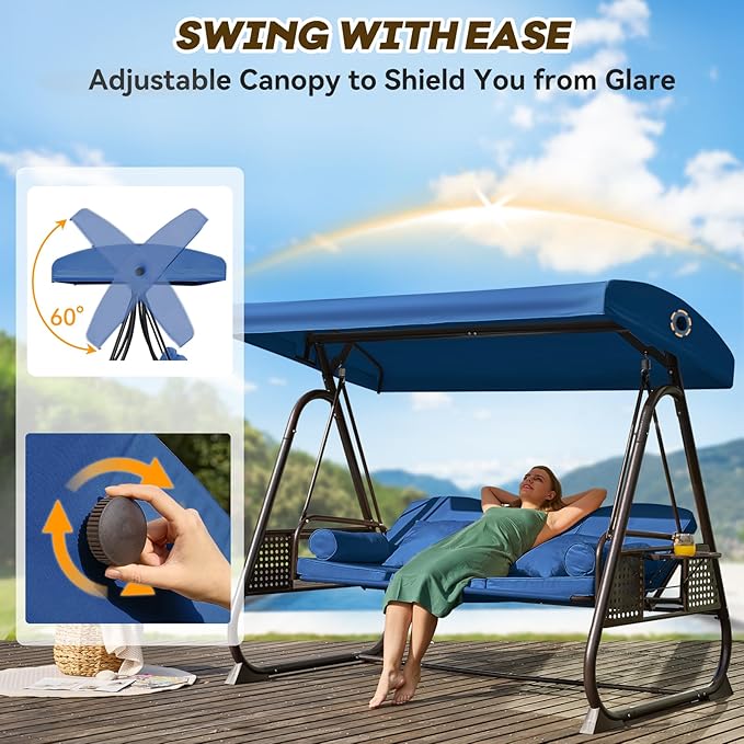 3 in 1 Outdoor Porch Swing with Adjustable Canopy, 3 Seat Outdoor Swing for Adults - Photo 4