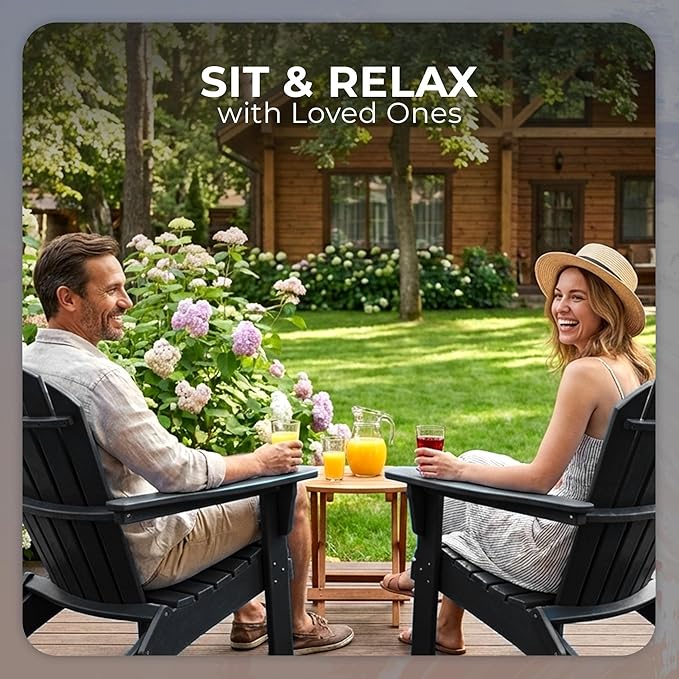 Ecommersify Folding Adirondack Chair with Cup Holder - (Black) - Heavy Duty Recycled Poly Lumber Folding Chair - Amish Crafted Outdoor Furniture - Made in USA