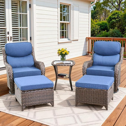 Luxury Outdoor Swivel Rocker Patio Chairs Set of 5, High Back Swivel Patio Chairs with Side Table & 6-Inch Cushions, Ottoman, Wicker Outdoor Bistro Set for Porch, Yard, Deck, Poolside, Brown/Blue