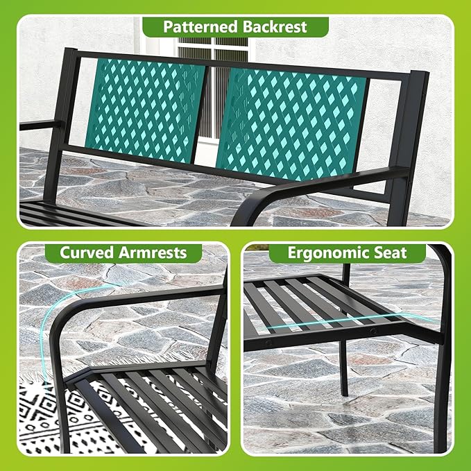 Tangkula Metal Outdoor Garden Bench, 50 Inches Patio Bench with Patterned Backrest and Curved Armrests, 2-3-Person Outside Bench, Heavy-Duty Metal Loveseat Chair for Porch, Lawn & Yard