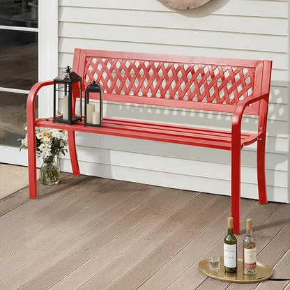 Outvita Outdoor Bench, 47" Iron Steel Frame Garden Bench with Mesh Pattern and Plastic Backrest Armrests, Patio Bench for Garden Park Yard Front Porch Patio, Red