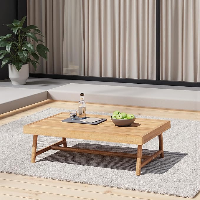 GDFStudio 35.5" Outdoor Acacia Wood Round Coffee Table Rustic Patio Coffee Table for Balcony Backyard Lawn Garden Seating Area, Teak