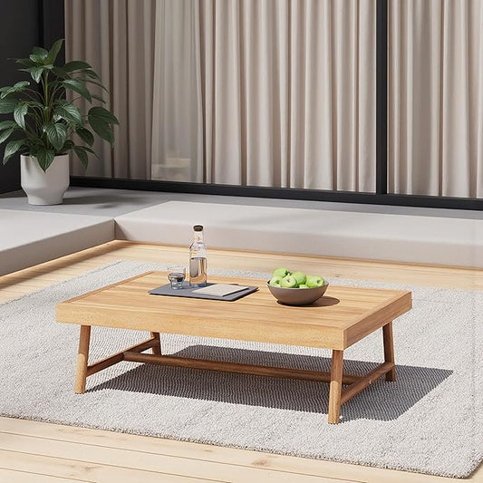 GDFStudio 35.5" Outdoor Acacia Wood Round Coffee Table Rustic Patio Coffee Table for Balcony Backyard Lawn Garden Seating Area, Teak