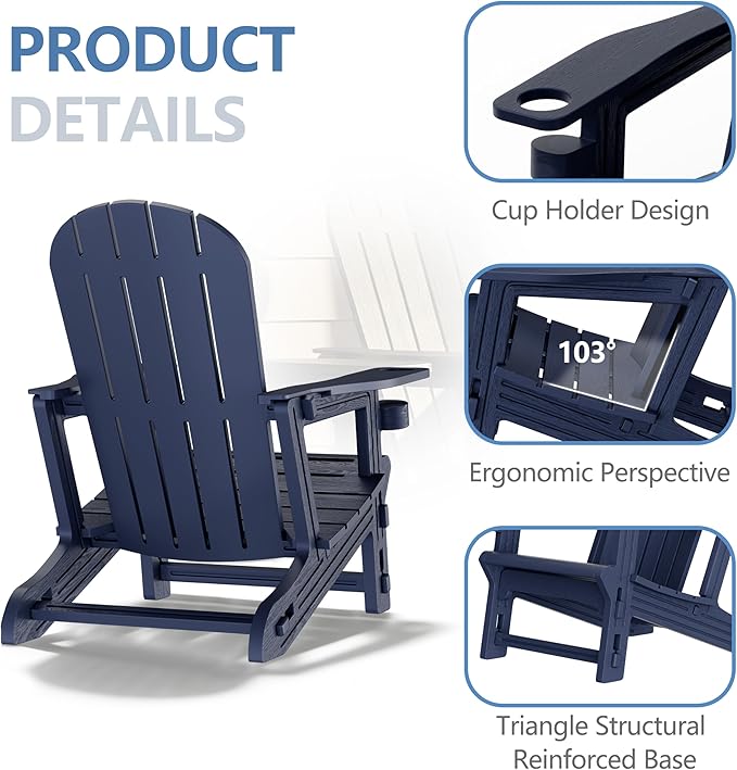 Shintenchi Adirondack Chair Set of 2,HDPE Adirondack Chairs with Umbrella Hole Connecting Tray & 2 Curved Ottoman,Plastic Outdoor Chairs with Cup Holders for Garden Backyard Pool,Dark Blue