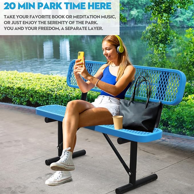 4FT/48INCH Heavy Duty Metal Park Bench for Outside, Outdoor Garden Benches with Backrest & Portable Frame, Expanded Metal Mesh Bench for Shopping Malls, Lawn, Park, Deck, Patio, Porch, Blue