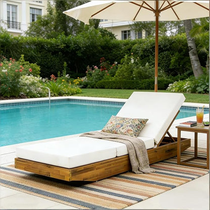 Acacia Wood Chaise Lounge with Cushion - Teak Finish Outdoor Recliner with Cream 3-Fold Water-Repellent Cushion, 300lbs Capacity