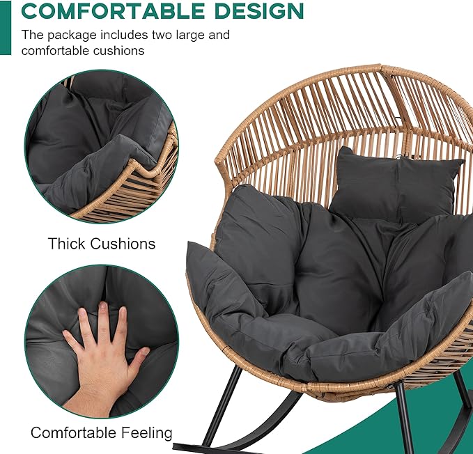 Shintenchi Wicker Egg Chair,Outdoor Indoor Rocking Chair,Large PE Rattan Rocking Chair with Cushion for Patio, Balcony, Backyard, Garden,Deep Grey