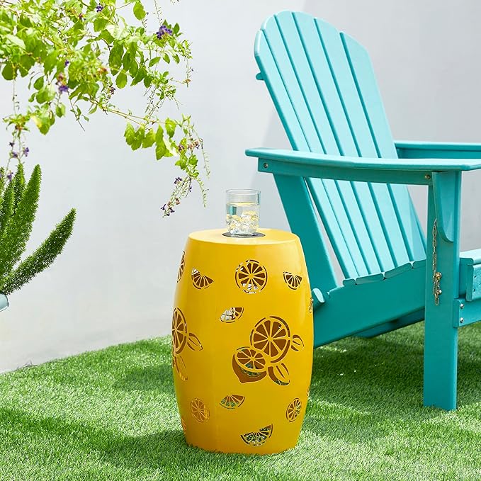Glitzhome 18.25" H Outdoor Side Table with Lemon Pattern Solar Powered Light, Iron Cutout Drum Garden Stool Solar Decorative Lanterns, Metal End Table Plant Stand for Indoor Outdoor, Yellow